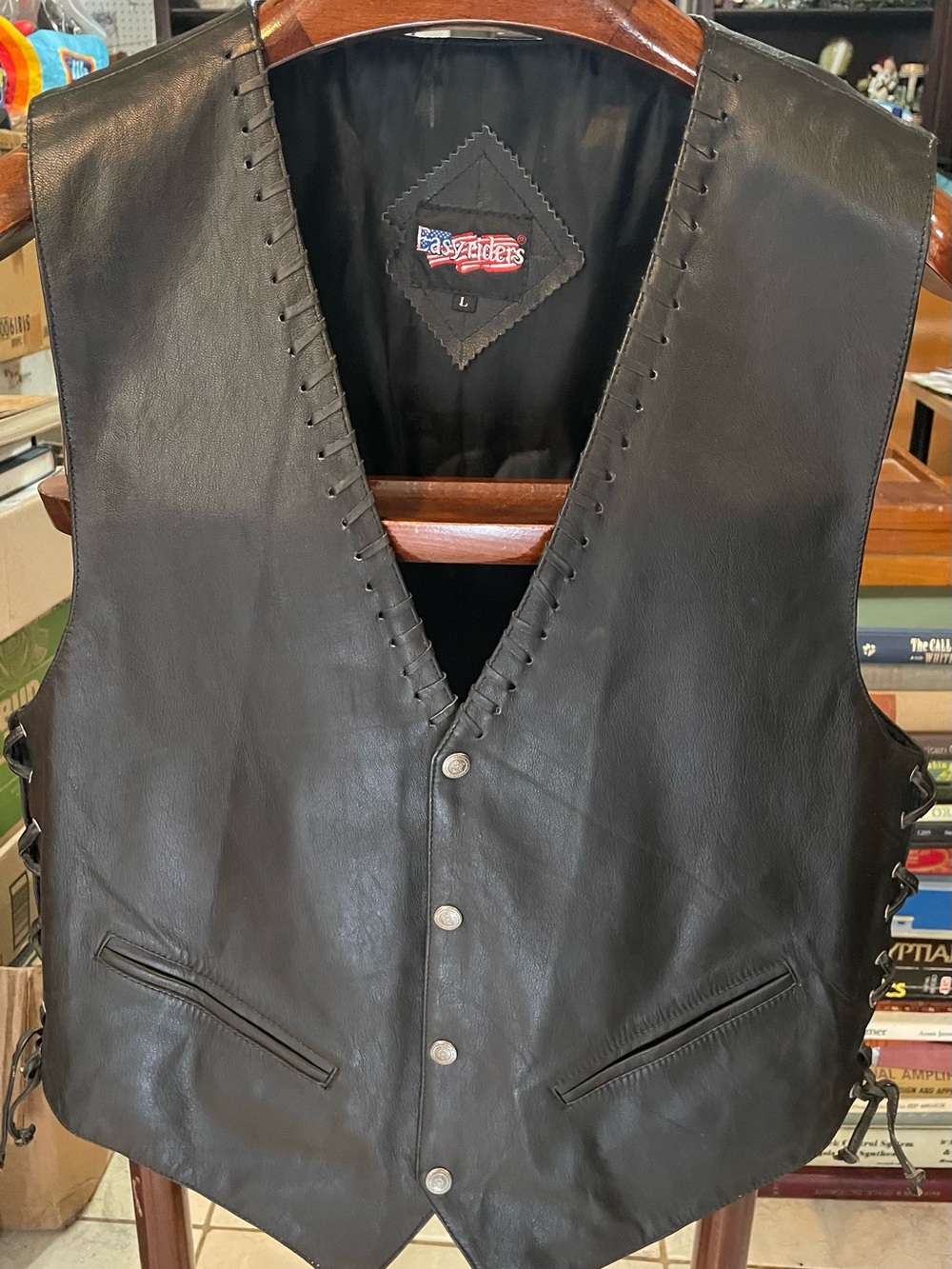 Easy Riders Black Leather Vest - Men's Classic Lace-Side Oklahoma Seal Buttons